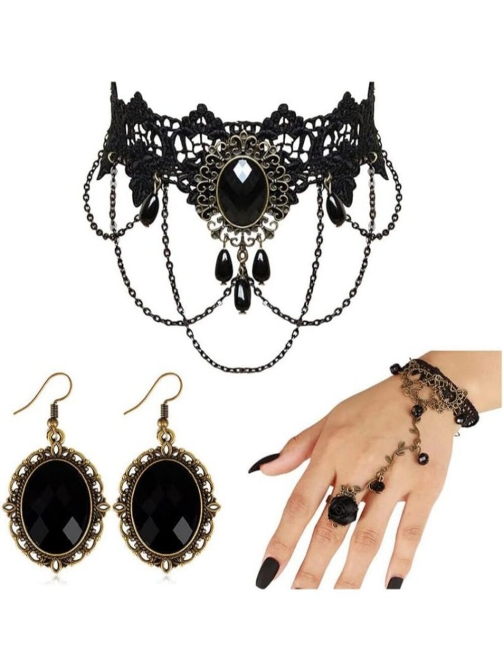 Women's Black Gothic Choker Witch Necklace Halloween Hand Chain Ring Bracelet